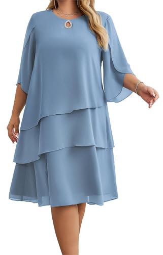 Hanna Nikole Elegant Chiffon Dress for Women Mid-Length Sleeve Round Neck Tiered Solid Color Midi Dress Blue-Grey