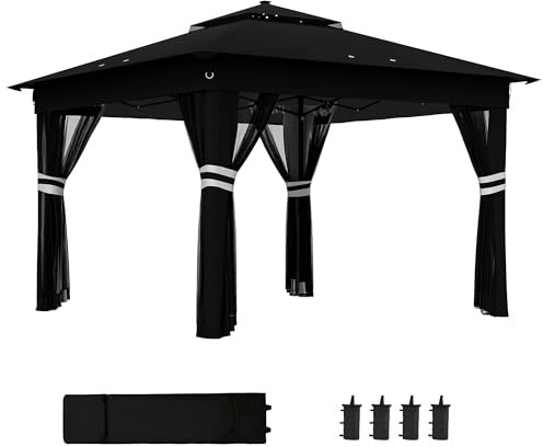 Outsunny 3.36 x 3.36m Pop Up Gazebo with Sides, 20 Solar-Powered LED Lights, Netting, Roller Bag, 4 Weight Bags, Marquee Party Tent, Height Adjustable Instant Event Shelter, Black