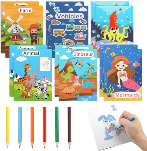 Lot de 12 livres de coloriage pour enfants - Mini livre de coloriage pour enfants - Mini livre de coloriage avec 12 livres de coloriage + 6 crayons de couleur pour enfants à partir de 3, 4, 5, 6 ans