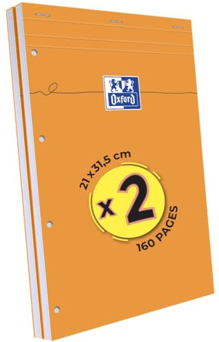 Oxford Lot de 2 Blocs-Notes Perforés Orange A4+ Grands carreaux Seyès 80 Feuilles Agrafées Couverture Carte Enduite Orange