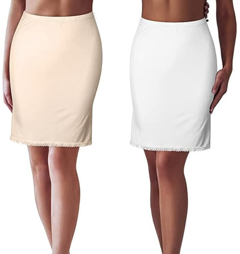 TYXHXTF 2 PCS Sottoveste Donna, Sottogonna in Pizzo Trim, Mezza Gonna Morbida, Elasticizzata Sottovesti, L