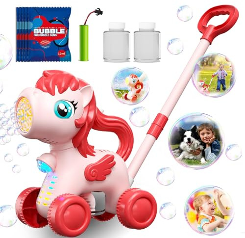TOY PLAYER Pink Bubble Tondeuse à gazon pour tout-petits, machine à bulles automatique pour enfants, activité de jardin d'été, jouet coulissant, cadeau d'anniversaire pour garçons et filles de 3, 4, 5