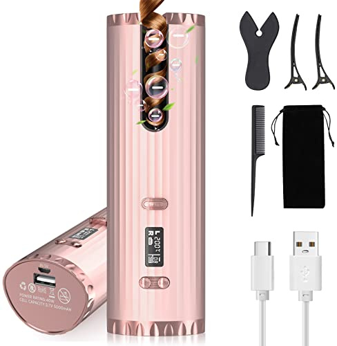 Cordless Auto Hair Curler, Portable Curling Iron, Anti-Tangle, 6 Temperature & Timer, USB Rechargeable, LCD Display, Professional Ceramic Hair Curling Wand for Long & Short Hair Styling