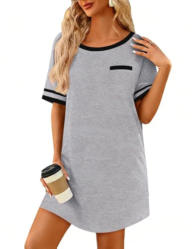 Ekouaer Womens Nightgown Cotton Sleep Dress for Women Short Sleeve Night Gown with Pocket Oversized Sleep Shirts Light Gray XL