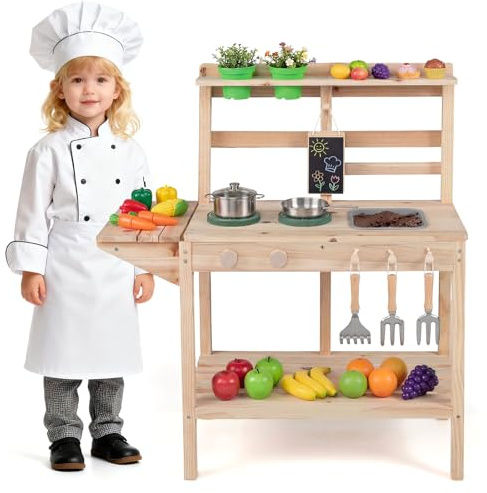 COSTWAY Cocina de Barro para Niños, Cocinita de Madera para Exterior con Fogones, Pomos Giratorios y Pizarra, Macetas, Estantes de Almacenaje, Cocinita Infantil de Barro para Niños de 3+ Años