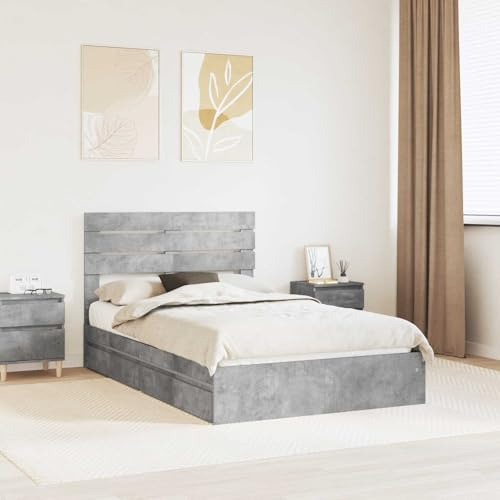 Qnhdfrt Modern Double Storage Bed Frame 135x190 cm Concrete Grey, Engineered Wood Platform with Built-in Drawers, Contemporary Minimalist Design for Bedroom and Guestroom