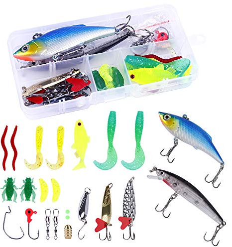 HONGXIN-SHOP Esche da Pesca 24 Pezzi Esche Artificiali da Pesca Contiene Crankbaits Stickbait Esche Vermi Esche Dure Ganci con Conservare Scatola per Acqua di Mare e Acqua Dolce