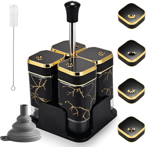 TDSYDS 2 Gewürzgläser Eckig mit Schwarz Drehdeckel + 2er Ölflasche mit Sockel - Salz und Pfefferstreuer Essig Öl Set - Gewürzstreuer Set - Gewürzdosen - Glas Gewürz Organizer-Olivenöl Ölflasche