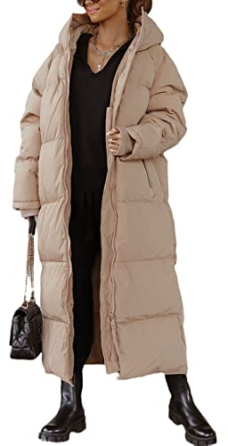 Shanfetl Women Long Quilted Coat Hooded Maxi Length Long Sleeve Puffer Jacket Padded Coat Winter Outerwear Medium