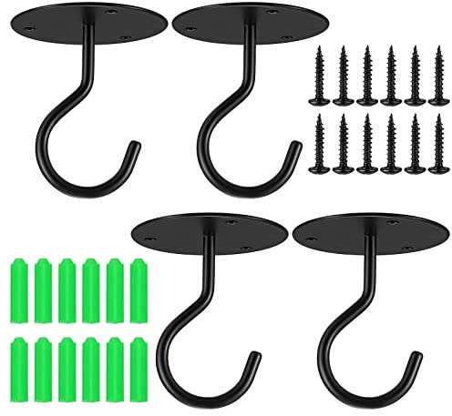 4 Pièces Crochets de Plafond pour Plantes Suspendues, Crochets de Suspension Robustes Fixés au Mur, Crochet de Plafond à Visser pour Suspendre Lanternes, Jardinières, avec Vis, Noir
