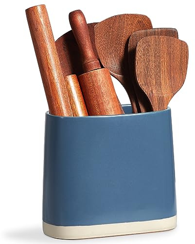 ONEMORE Portautensili da cucina, grande organizer per utensili da cucina per bancone da cucina, in ceramica con tappetino in sughero per piano di lavoro, organizer per posate ovale, blu