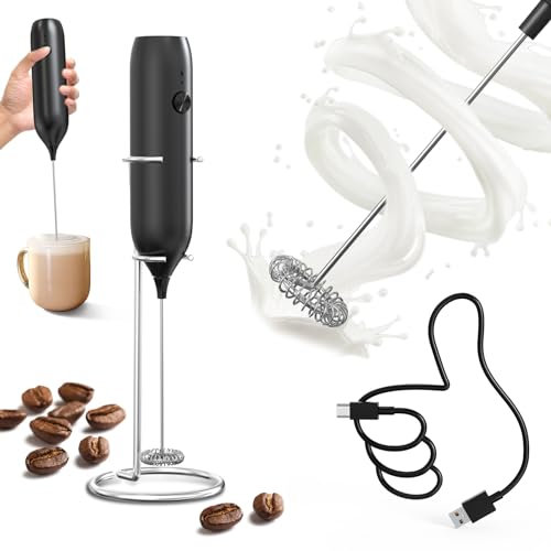 CIRCLE JOY Montalatte Elettrico con Supporto, Schiumalatte Elettrico Ricaricabile Frullino Montalatte Manuale per Cappuccino, Caffè e Latte, Nero