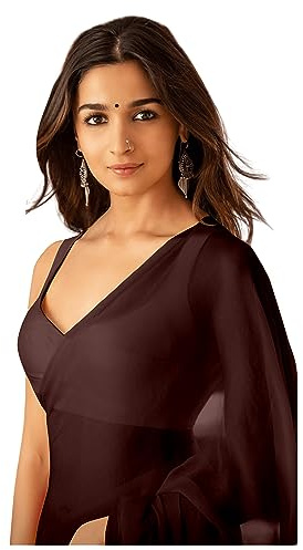Sidhidata Women's Plain Pure Georgette Saree With Unstitched Blouse Piece (Rocky Aur Rani Ki Prem Kahani Alia Bhatt Saree), Coffee, One size