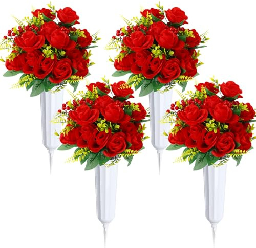 Tigeen Set di 4 fiori artificiali per cimitero, per il giorno della tomba, 8 mazzi di rose in seta, decorazione per cimitero con vaso per funerali, lapidi all'aperto (bianco, rosso)