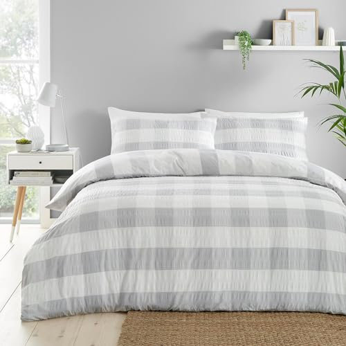 Fusion - Silver Check Seersucker Duvet Cover - Single Bedding Size (140 x 200cm) - Reversible Design (Stripes) - Soft Touch - Puckered Effect Bedding - Light Grey & White Flannelette/Gingham Bed Set