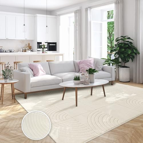 Paco Home Wohnzimmerteppich, Moderner Kurzflor in Creme, 3D Muster, weich, pflegeleicht, Design Teppich, Schlafzimmer, geometrisch, Grösse:120x170 cm