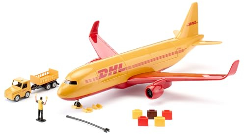 siku 1702, Aereo Cargo DHL in plastica con Accessori, Rosso/Giallo, Modello Giocattolo, Incl. Carrello Portabagagli, Barra di Traino, Blocchi Freno e Controllore del Traffico Aereo