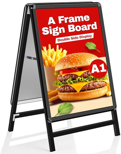 WIIGO Pavimentazione Cartello Cornice A1 in Alluminio - Cavalletto Pubblicitario Doppia Faccia per Menu Ristorante/Offerte Promozionali/Negozi, Supporto Poster da Parete o Pavimento, Nero