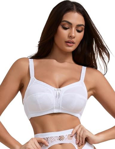 ohmydear Women's Non Wired Support Bras Breathable Mesh Everyday Ladies T-Shirt Bra Comfort Non Padded Full Coverage Wide Straps Plus Size, 38C White