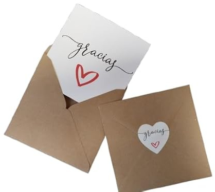 TODOKRAFT Tarjetas de agradecimiento en español ¨Gracias¨con 5 sobres kraft, 10 etiquetas adhesivas con forma de corazón