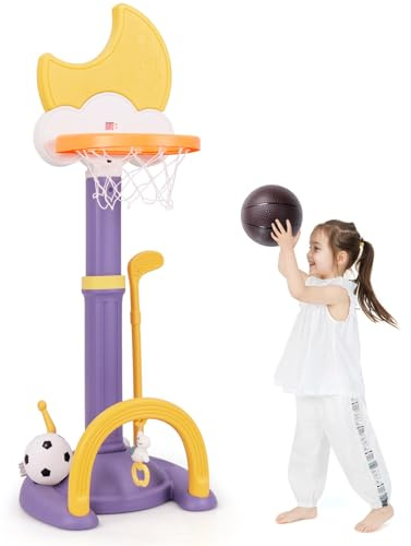 COSTWAY 4-i-1 barnbasketkorg-set, basketstativ höjdjusterbart med basketboll och fotboll och ringkast, lekplats för barn med resultattavla, korgställning för barn från 3 år (gul)