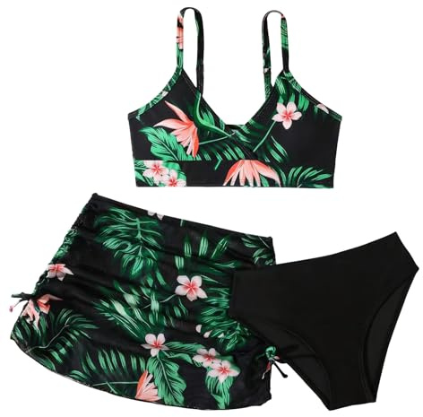 Happy Cherry Ragazze 3 Pezzi Bikini Costumi da Bagno Bambina Costume Mare Spiaggia Piscina Motivo Floreale con Gonna Estiva Swimwear con Imbottitura Rimovibile Nero 12-13 Anni