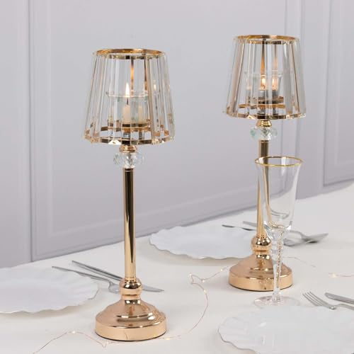 Efavormart 2-Pack 15 Gold Candle Lamp Centerpiece, Elegant Ribbed Glass Shade Votive Holder Set for Wedding Tables & Romantic Home Décor
