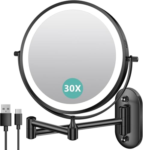 Auxmir Kosmetikspiegel mit Beleuchtung, 1X/30X Wiederaufladbar Schminkspiegel, 3200mAh Rasierspiegel Wandmontage, Dimmbar Vergrößerungsspiegel mit 3 Lichtfarben, 360° Drehbar für Badezimmer und Hotel