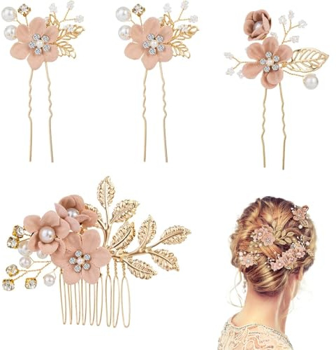 Accesorios para el Cabello de Novia 4 Piezas peines Dorados con Perlas y Cristales para recogidos de Boda y Fiestas Elegantes