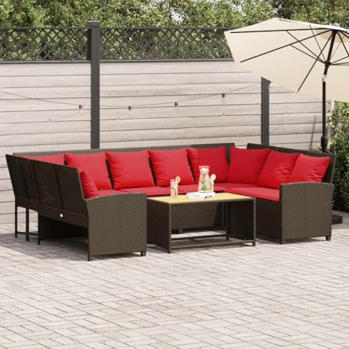 QJBSAVVA Ensemble de canapés de jardin, 288 x 181 x 87,5 cm, en rotin synthétique, marron, avec coussins rouges, groupe de sièges d'extérieur modulaire pour balcon, terrasse et jardin