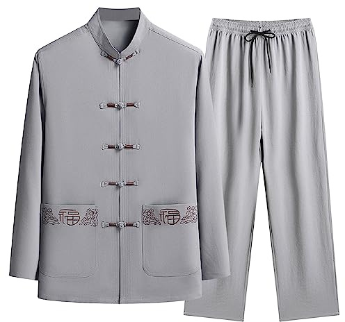 Duohropke Kungfu Tang Traje de Hombre Tradicional Chino Artes Marciales Taichi Shaolin Wushu Qigong Manga Larga Bordado Chándal Ropa Ocio Ropa Uniforme Chaqueta Pantalones Traje de artes marciales