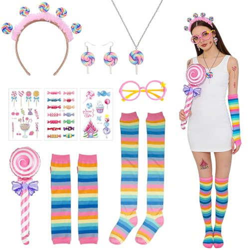 Costumi da Caramella per Donne,Lollipop Fascia per Capelli,Collana di Lecca-Lecca Orecchini,Maniche Arcobaleno Calzini,Calze Adesivi per Tatuaggi,Occhiali,Candy Accessori per Carnevale