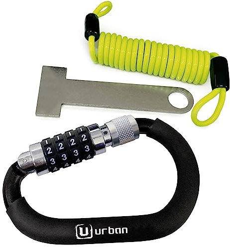 URBAN UR140 Lucchetto Casco Moto, Bici, Multiuso, Moschettone Sicurezza con Combinazione 4 Codice Più Sicuro, Kit Lucchetto Bici + Gancio Casco + Cavo Flessibile In Acciaio + Adattatore Casco