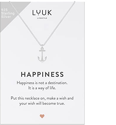 LUUK LIFESTYLE Halsband i 925 Sterling Silver med ankarehänge och ett inspirerande HAPPINESS-kort, lyckoamulett, vänskapsgåva, damsmycken, silver