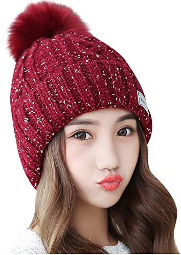 REDESS Femmes Hiver Pompon Bonnet Chapeau Polaire Doublé Chaud Chapeaux, Épais Slouchy Neige Tricot Bonnet Croisé pour Dames