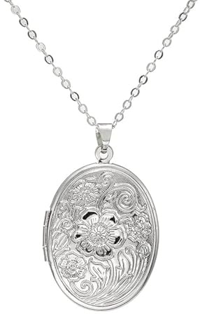 HMOOY Collar Medallón, Collar Medallón Forma Corazón Grabado Que Contiene Fotos Collar Medallón Foto Personalizado Collar Memoria para Mujer Niñas (Oval-Plata)