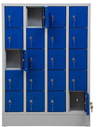 Schrank & Stuhl Mini-Schließfächer | Wertfachschrank | Handytresor 20 Abteile, 110x80x15, Zylinderschlösser, Lieferung komplett montiert, Grau/Blau