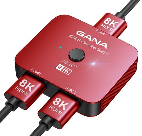 GANA Commutateur HDMI 2.1, Switch HDMI 8K 2 en 1 Sortie, Prend en Charge 4K @ 120 Hz, 8K @ 60 Hz,Compatible avec PS5/4, Xbox, Roku, Apple TV, Fire Stick,Red