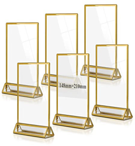 efuturetime 6PCS Tischaufsteller Acryl A6, Doppelseitiger Bilderrahmen, Plexiglas Menükartenhalter Gold, T-Ständer, Thekenaufsteller, Fotorahmen für Foto, Hochzeitstischnummern, Cafe, Restaurant