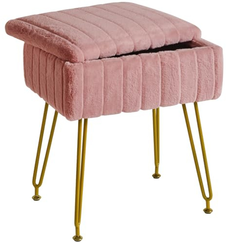 IBUYKE Tabouret vanité Chaise avec Stockage, Fausse Fourrure, Rose L/G-50P