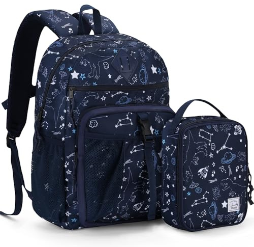VASCHY Kids Backpack, School Bag Lunch Bag Set for Boys Girls 2-1 Rucksack Bookbag Insulated Lunch Box for Toddlers,Preschool,Daycare,Kindergarten,Elementary School Navy Universe