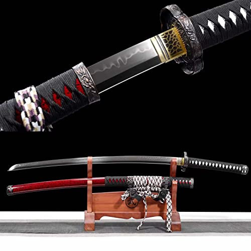 KWXPW 104 cm echtes Katana,T10-Stahl-Brennklinge,Massivholz-Sprühlackscheide,handgefertigtes Samurai-Schwert für Geschenk,Cosplay,Display,Sammeln,Kendo,Kampfkunst,Wohnkultur