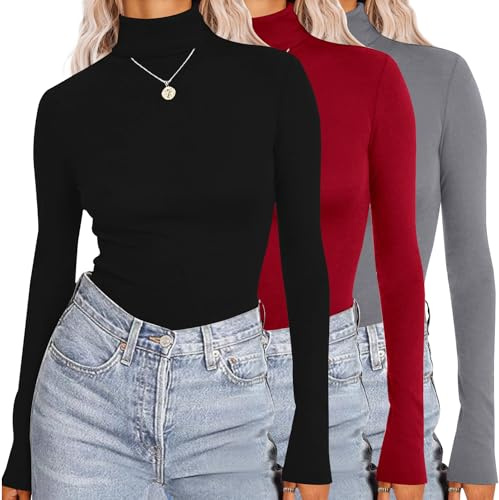 Ekouaer Womens White Sweater Turtleneck Women's Turtleneck Long Sleeve Shirts Lightweight Base Layer Solid Slim Fit Tops 3PCS, Black/Red/Grey, M