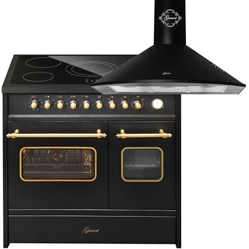 GURARI Elektro-Standherd GCH E 912 DF BL r+GCH 046 Bl 9, Elektro Standherd 90 cm mit 1-fach-Teleskopauszug, Doppelbackofen+Dunstabzugshaube 90 cm