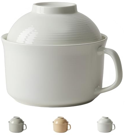 Dowbom Suppenschüssel mit Deckel, 1000 ml Rahmenschale aus Porzellan, Instant-Nudeln, Mikrowelle, große Suppentasse (weiß)