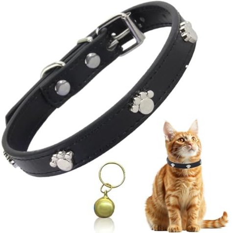 BDEPSTR Collier de Chats en Cuir, Collier Chaton Collier, Collier Chat Anti Étranglement, Collier Réglable pour Chats avec Boucle en Métal et Clochette-Sombre-L