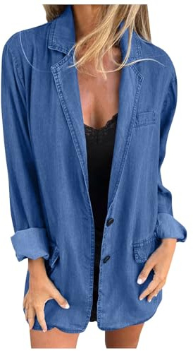 Dam jeansjacka oversize lång jeansblazer elegant jeanskappa stora storlekar jeansskjorta lös denimjacka revers streetwear jacka med knappar fritidsjacka ledig bikerjacka jeansblazer, blå, S