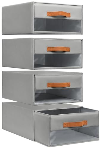 DIMJ Foldable Fabric Closet Organisers - Stackable Drawer Bins with Clear Window, Grey Storage Set (4-Pack) for Clothes and Home Organization