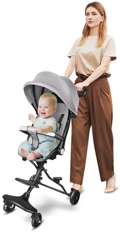 Kinderwagen, 0 – 4 Jahre, 0 – 25 kg, Kinderwagen, leicht und kompakt, verlängerte Position, automatisches Zusammenklappen, 30 x 55 x 86,5 cm – Grau