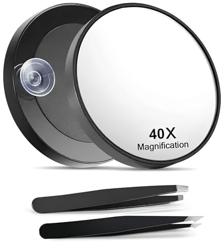 Nymora 40x Magnifying Mirror with 2 Suction Cups and Slant Tweezers, 3.5 Inches, Cosmetic Mirrors for Precise Makeup, Eyebrow Plucking & blackheads Romoving (Black)
